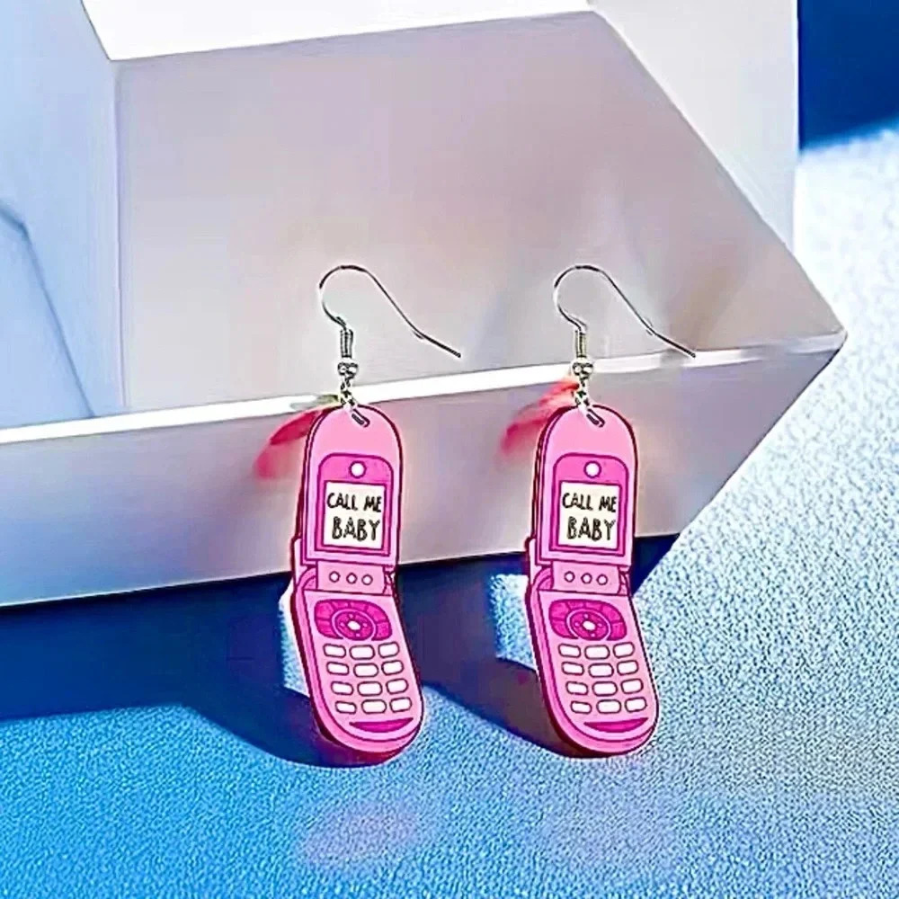 Cartoon Flip Cell Phone “Call Me Baby” Y2K Dangle Acrylic Earrings NEW